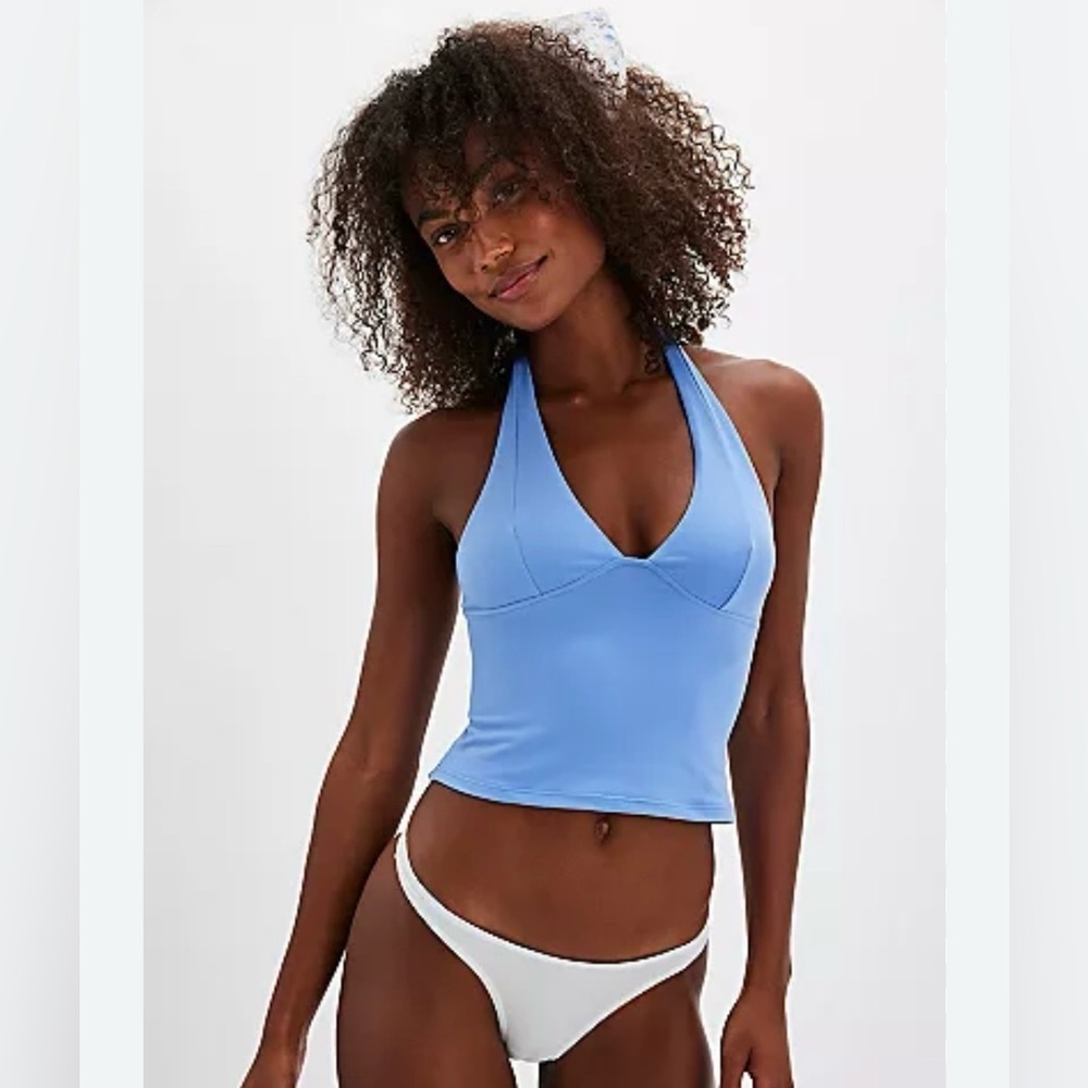 Free People Still Here Halter Halter Crop Top Prep Light Blue Athleisure NWT XS